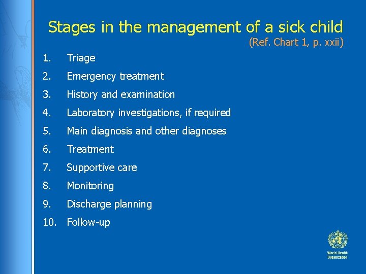 Stages in the management of a sick child (Ref. Chart 1, p. xxii) 1.