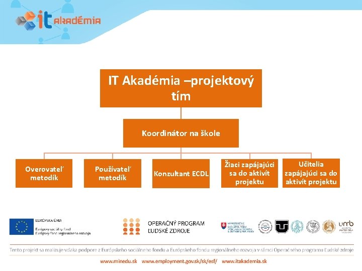 IT Akadémia –projektový tím Koordinátor na škole Overovateľ metodík Používateľ metodík Konzultant ECDL Žiaci