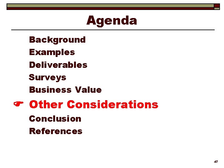 Agenda Background Examples Deliverables Surveys Business Value Other Considerations Conclusion References 47 