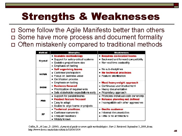 Strengths & Weaknesses o o o Some follow the Agile Manifesto better than others