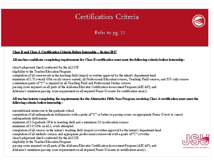 Certification Criteria Refer to pg. 11 Class B and Class A Certification Criteria Before