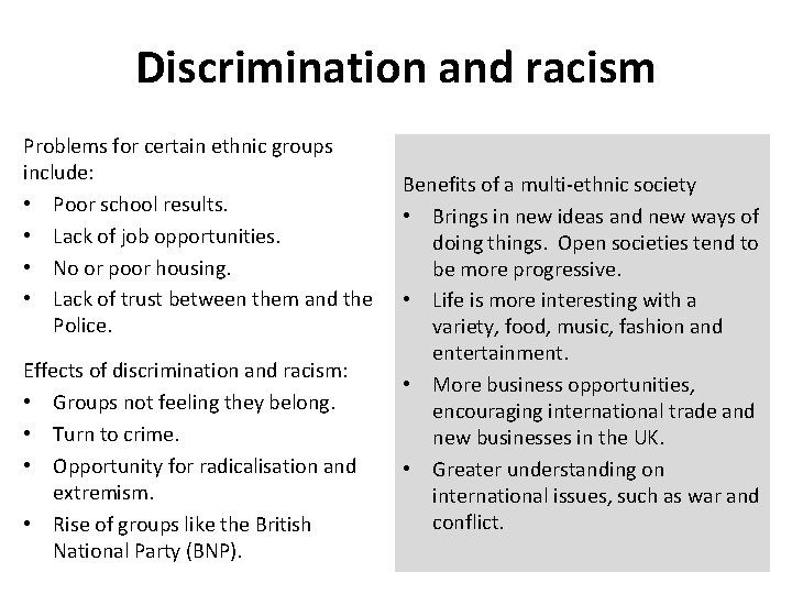 Discrimination and racism Problems for certain ethnic groups include: • Poor school results. •