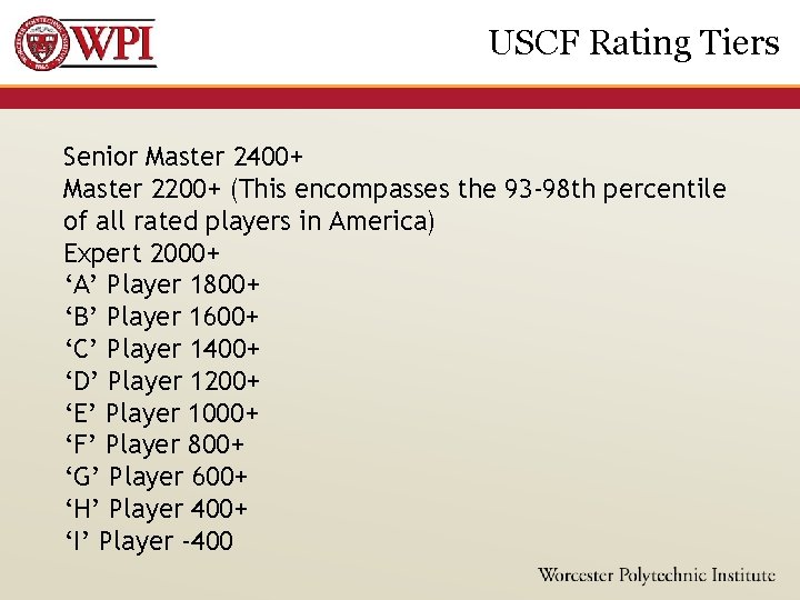 USCF Rating Tiers Senior Master 2400+ Master 2200+ (This encompasses the 93 -98 th
