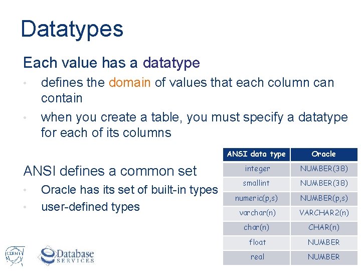 Datatypes Each value has a datatype • • defines the domain of values that