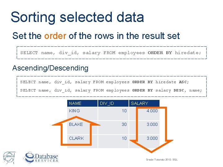 Sorting selected data Set the order of the rows in the result set SELECT
