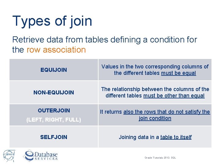 Types of join Retrieve data from tables defining a condition for the row association