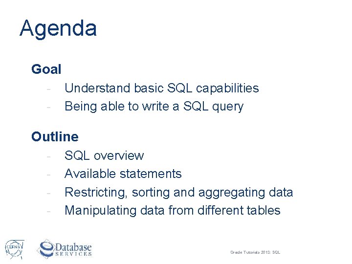 Agenda Goal - Understand basic SQL capabilities Being able to write a SQL query