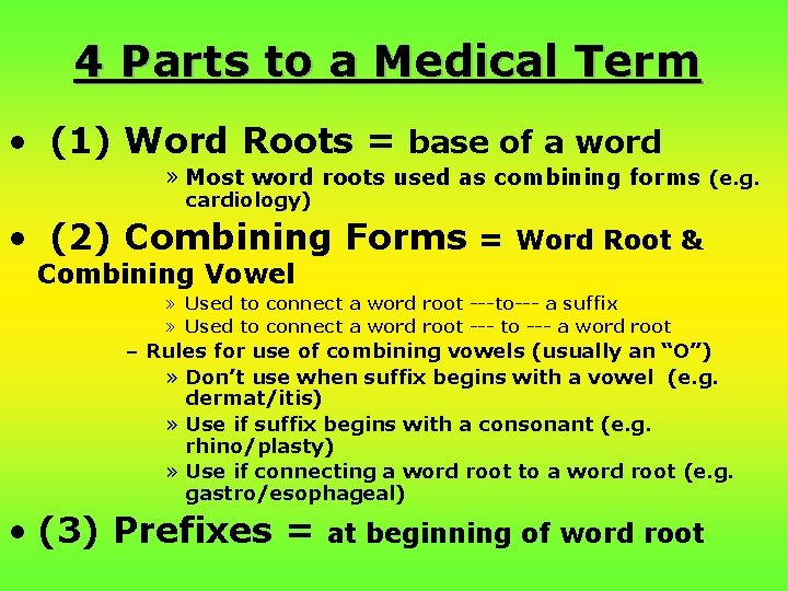4 Parts to a Medical Term • (1) Word Roots = base of a