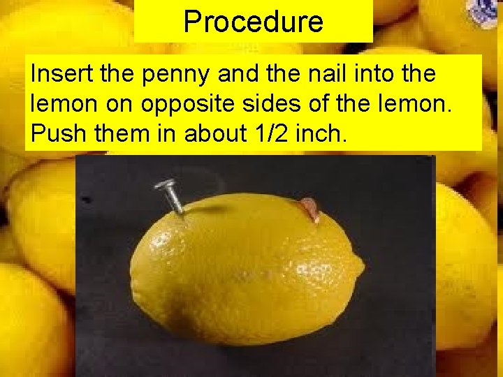 Procedure Insert the penny and the nail into the lemon on opposite sides of