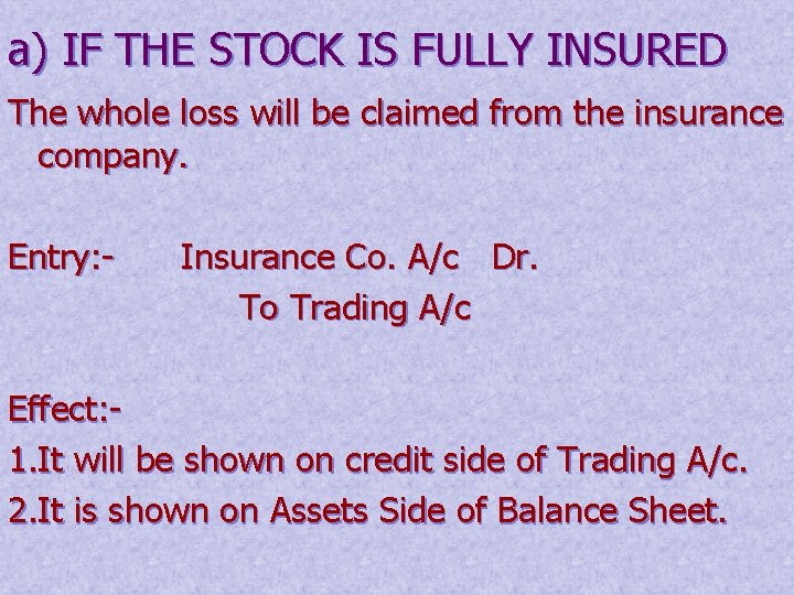 a) IF THE STOCK IS FULLY INSURED The whole loss will be claimed from