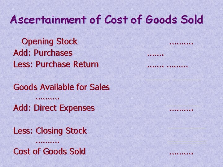 Ascertainment of Cost of Goods Sold Opening Stock Add: Purchases Less: Purchase Return ……….