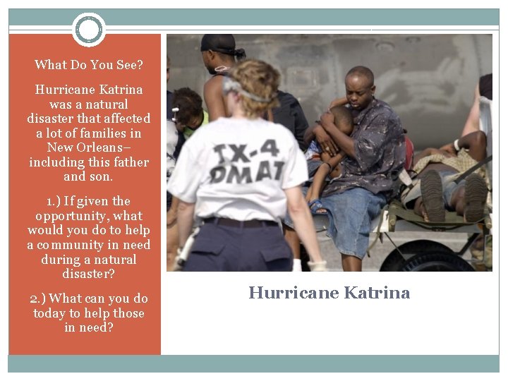 What Do You See? Hurricane Katrina was a natural disaster that affected a lot
