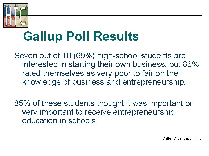 Gallup Poll Results Seven out of 10 (69%) high-school students are interested in starting