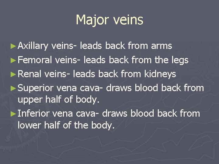 Major veins ► Axillary veins- leads back from arms ► Femoral veins- leads back