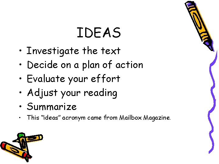 IDEAS • • • Investigate the text Decide on a plan of action Evaluate