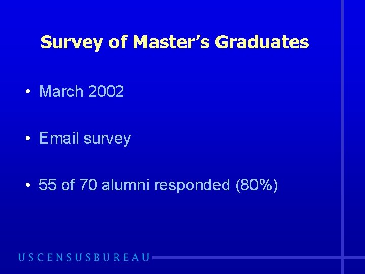 Survey of Master’s Graduates • March 2002 • Email survey • 55 of 70