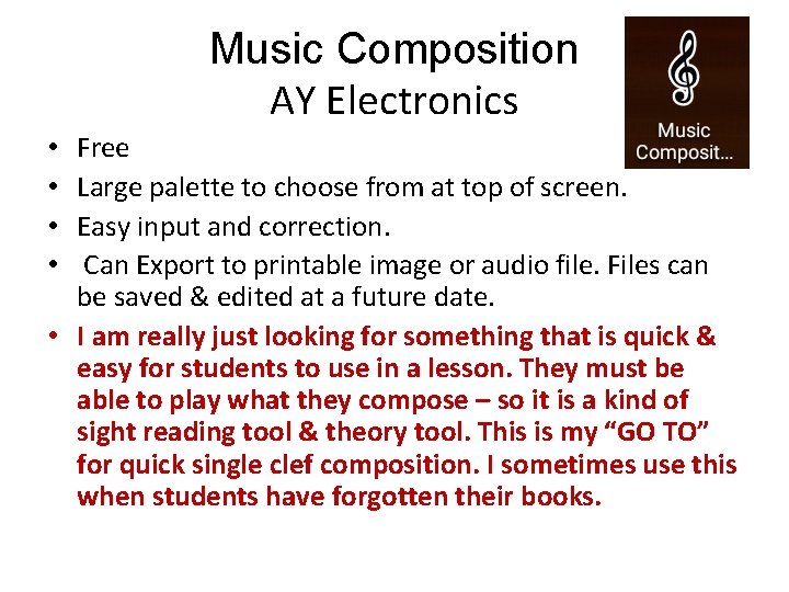 Music Composition AY Electronics Free Large palette to choose from at top of screen.