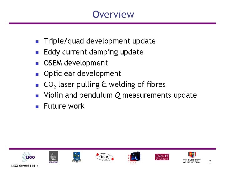 Overview n n n n LIGO-G 040054 -01 -K Triple/quad development update Eddy current Overview n n n n LIGO-G 040054 -01 -K Triple/quad development update Eddy current