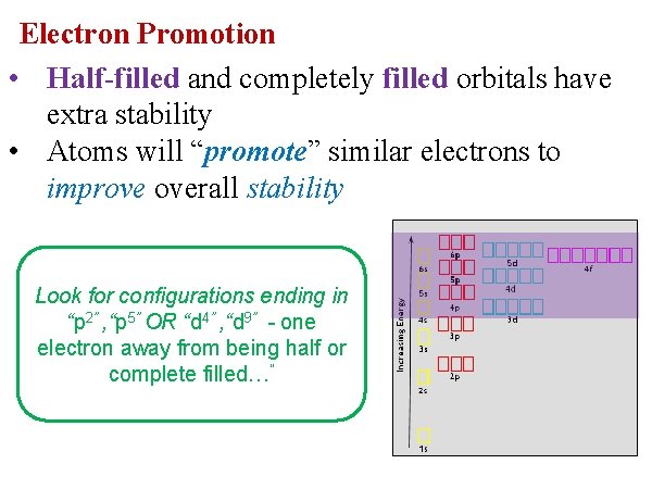 Electron Promotion • Half-filled and completely filled orbitals have extra stability • Atoms will