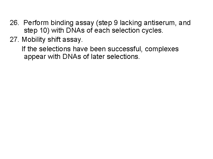 26. Perform binding assay (step 9 lacking antiserum, and step 10) with DNAs of