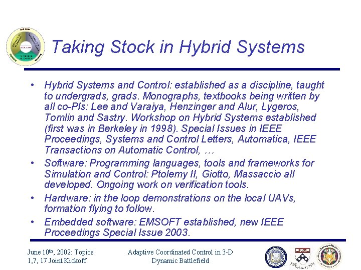 Taking Stock in Hybrid Systems • Hybrid Systems and Control: established as a discipline,