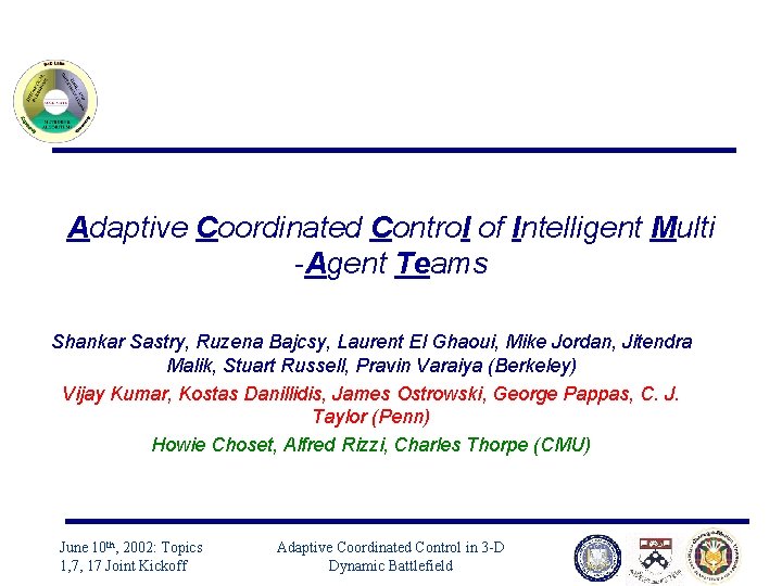 Adaptive Coordinated Control of Intelligent Multi -Agent Teams Shankar Sastry, Ruzena Bajcsy, Laurent El