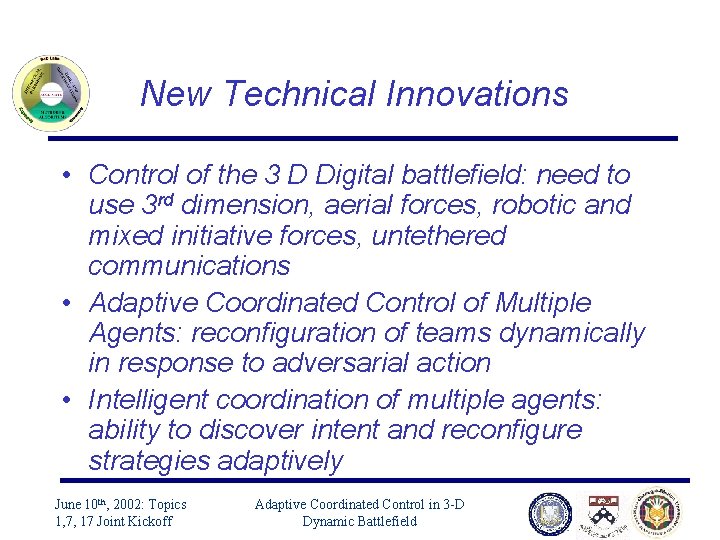 New Technical Innovations • Control of the 3 D Digital battlefield: need to use