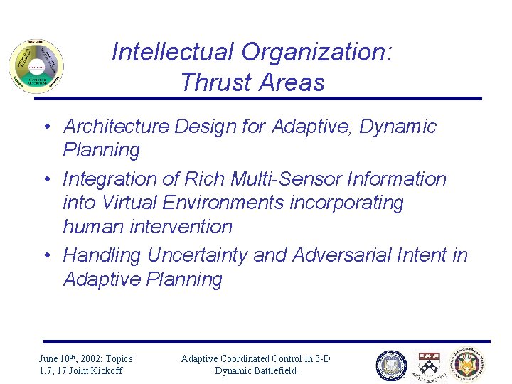 Intellectual Organization: Thrust Areas • Architecture Design for Adaptive, Dynamic Planning • Integration of