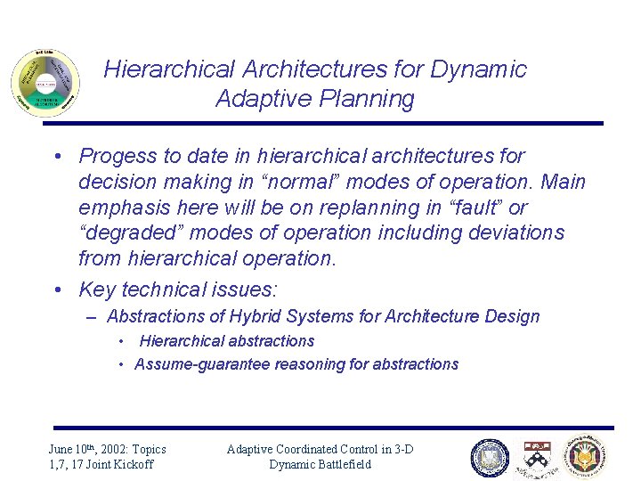 Hierarchical Architectures for Dynamic Adaptive Planning • Progess to date in hierarchical architectures for