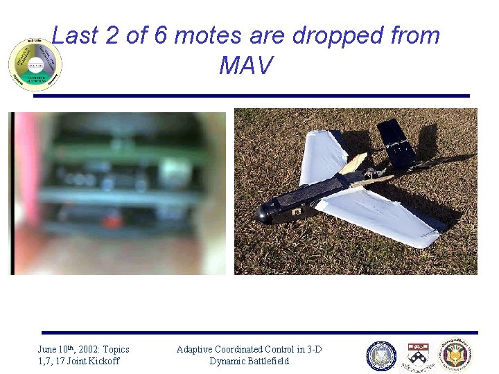 Last 2 of 6 motes are dropped from MAV June 10 th, 2002: Topics