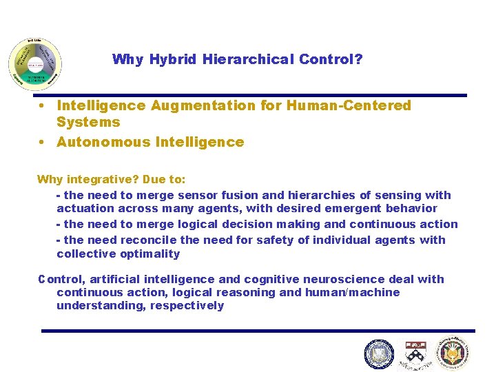 Why Hybrid Hierarchical Control? • Intelligence Augmentation for Human-Centered Systems • Autonomous Intelligence Why