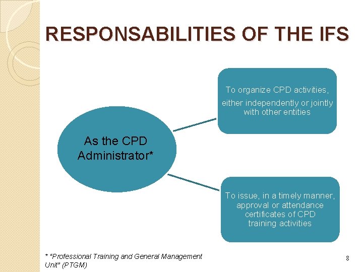 RESPONSABILITIES OF THE IFS To organize CPD activities, either independently or jointly with other