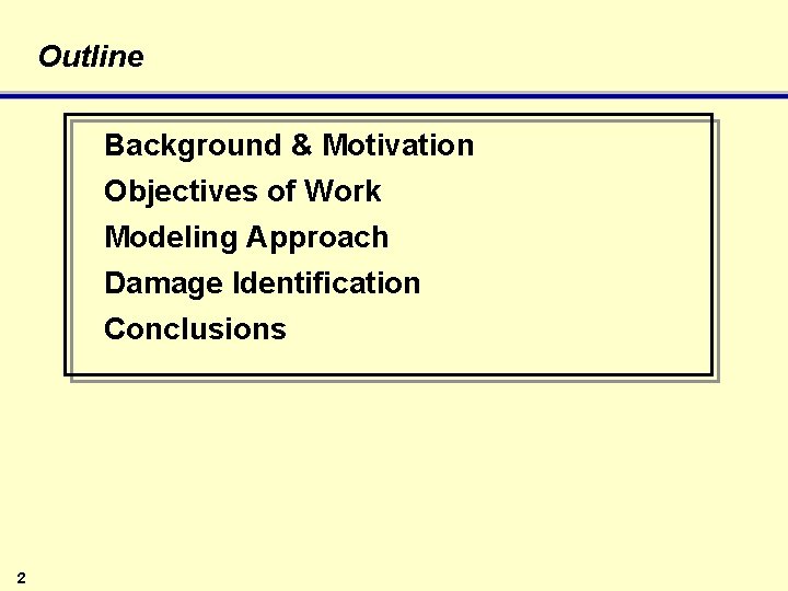 Outline Background & Motivation Objectives of Work Modeling Approach Damage Identification Conclusions 2 