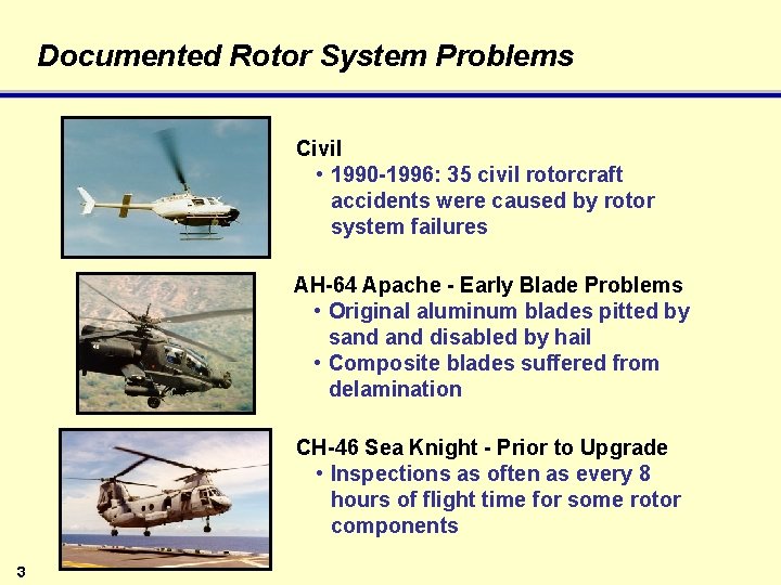 Documented Rotor System Problems Civil • 1990 -1996: 35 civil rotorcraft accidents were caused