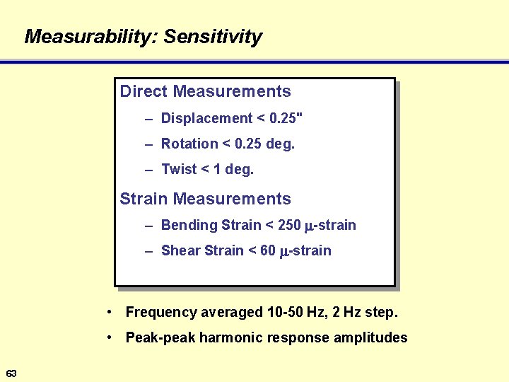 Measurability: Sensitivity Direct Measurements – Displacement < 0. 25" – Rotation < 0. 25