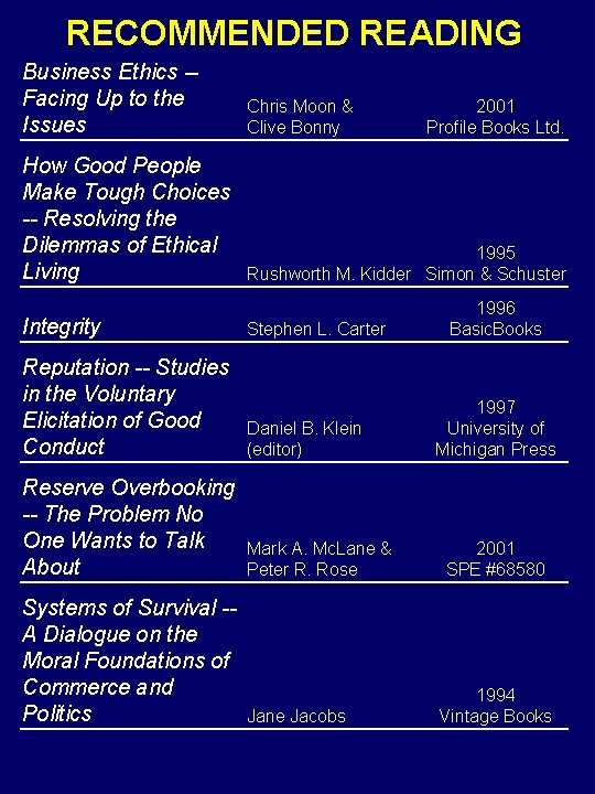 RECOMMENDED READING Business Ethics -Facing Up to the Issues Chris Moon & Clive Bonny