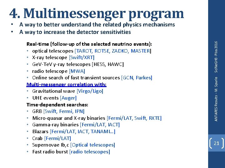 4. Multimessenger program ANTARES Results - M. Spurio Real-time (follow-up of the selected neutrino 4. Multimessenger program ANTARES Results - M. Spurio Real-time (follow-up of the selected neutrino