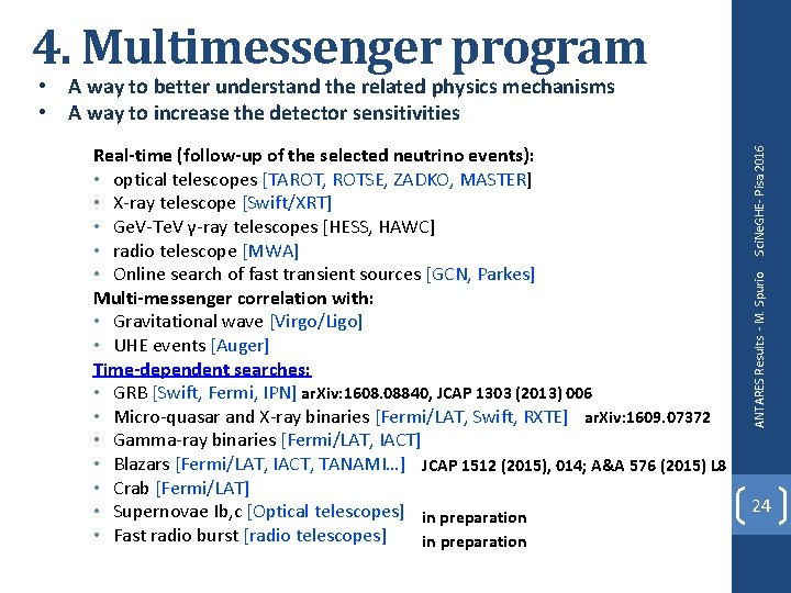 4. Multimessenger program ANTARES Results - M. Spurio Real-time (follow-up of the selected neutrino 4. Multimessenger program ANTARES Results - M. Spurio Real-time (follow-up of the selected neutrino