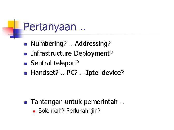 Pertanyaan. . n Numbering? . . Addressing? Infrastructure Deployment? Sentral telepon? Handset? . .