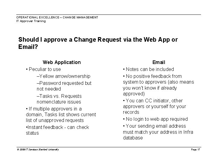 OPERATIONAL EXCELLENCE – CHANGE MANAGEMENT IT Approver Training Should I approve a Change Request