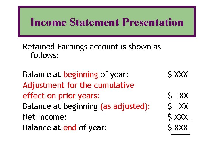 Income Statement Presentation Retained Earnings account is shown as follows: Balance at beginning of