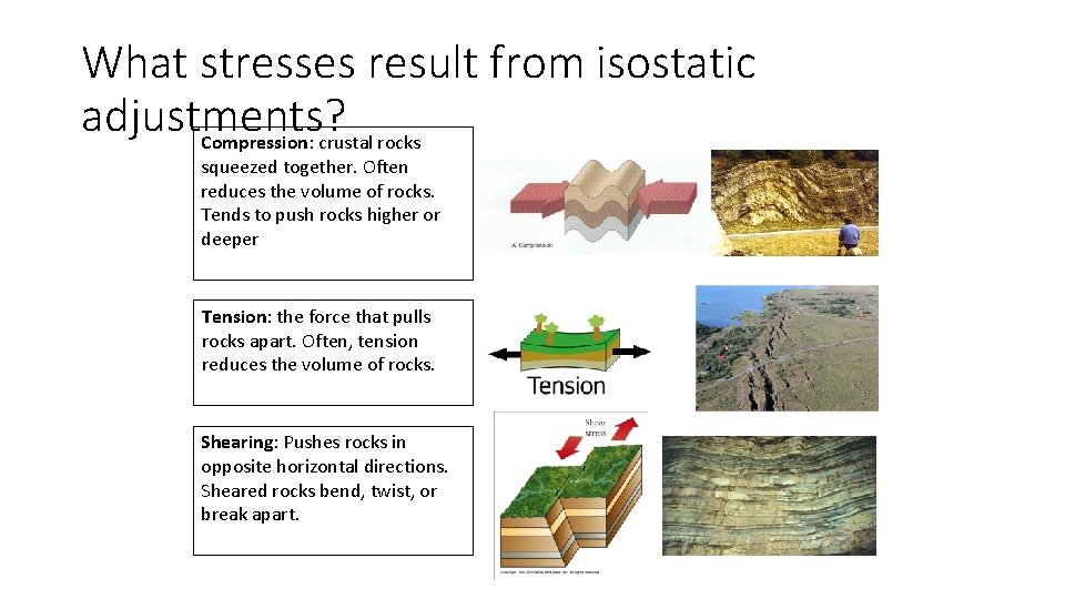 What stresses result from isostatic adjustments? Compression: crustal rocks squeezed together. Often reduces the What stresses result from isostatic adjustments? Compression: crustal rocks squeezed together. Often reduces the