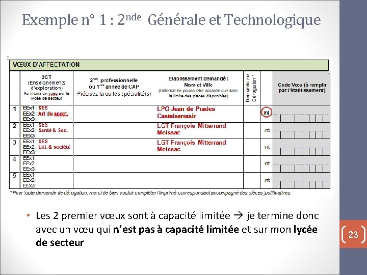 Exemple n° 1 : 2 nde Générale et Technologique • Les 2 premier vœux