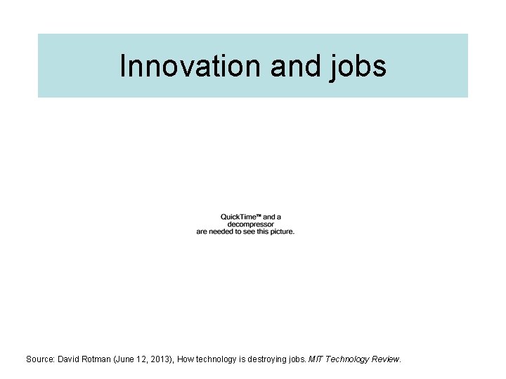 Innovation and jobs Source: David Rotman (June 12, 2013), How technology is destroying jobs.