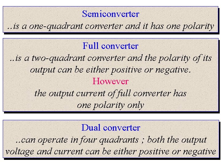 Semiconverter. . is a one-quadrant converter and it has one polarity Full converter. .