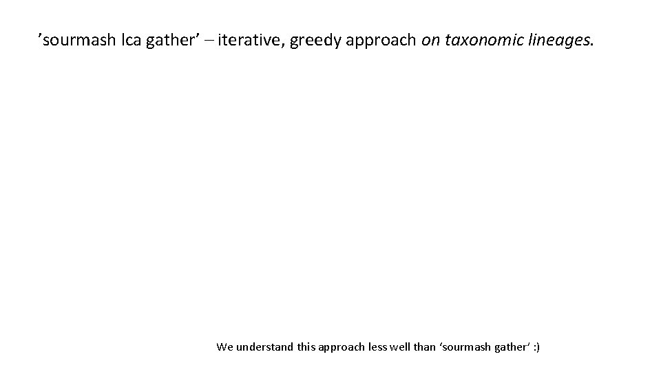 ’sourmash lca gather’ – iterative, greedy approach on taxonomic lineages. We understand this approach
