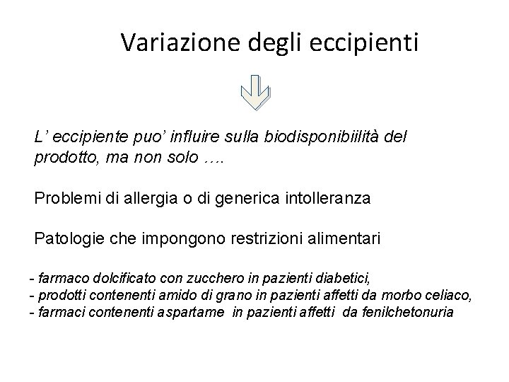 Variazione degli eccipienti L’ eccipiente puo’ influire sulla biodisponibiilità del prodotto, ma non solo