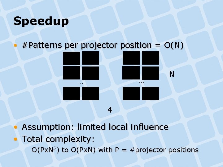 Speedup • #Patterns per projector position = O(N) … … N 4 • Assumption: Speedup • #Patterns per projector position = O(N) … … N 4 • Assumption: