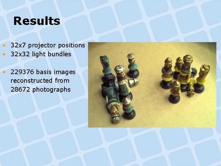 Results • 32 x 7 projector positions • 32 x 32 light bundles • Results • 32 x 7 projector positions • 32 x 32 light bundles •