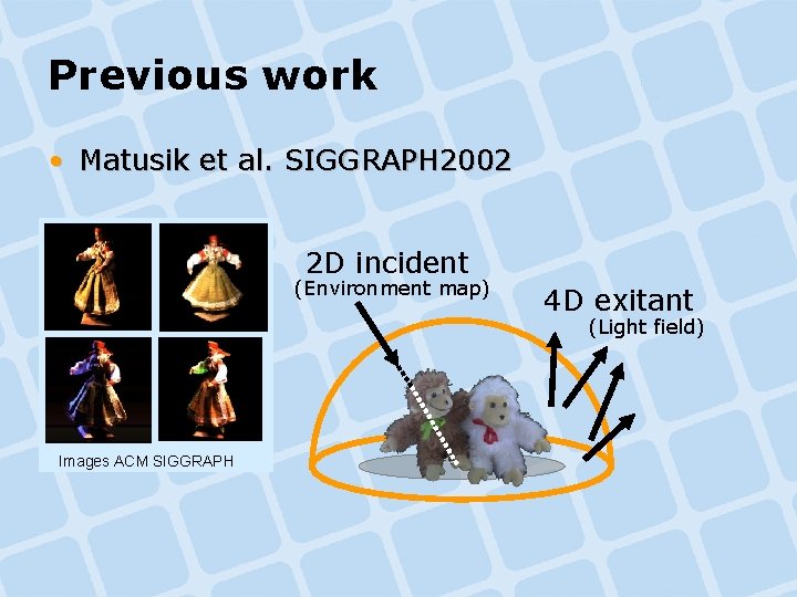 Previous work • Matusik et al. SIGGRAPH 2002 2 D incident (Environment map) 4 Previous work • Matusik et al. SIGGRAPH 2002 2 D incident (Environment map) 4